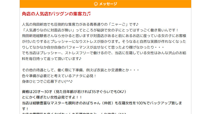 飛田新地の料亭「LAISE～レイズ～」の求人画面