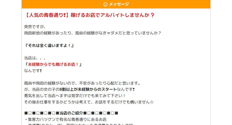 飛田新地の料亭「ストレイガールズ」の求人画面